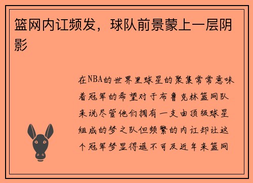 篮网内讧频发，球队前景蒙上一层阴影